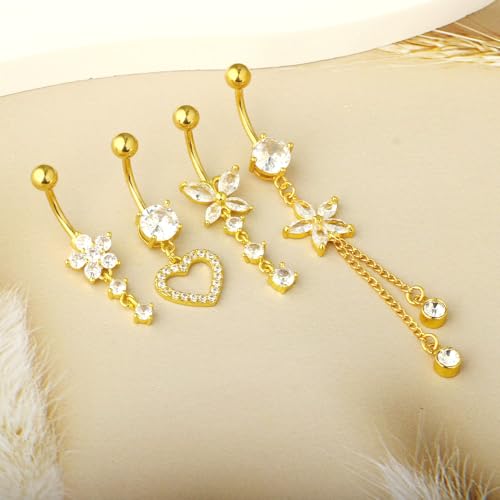5PCS Crystal Belly Button Ring for Women Dangle Navel Belly Piercing Jewelry Cute Bow Butterfly Heart Angel wings Navel Belly Rings 14G Silver Surgical Steel Belly Button Stud - color: Gold-4pcs