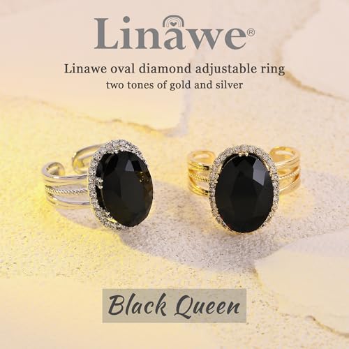 Linawe Costume Jewelry Adjustable Cocktail Ring for Women | Copper, Rhinestone, Cubic Zirconia, Oval, Fake Diamond, Crystal, Stone, Birthstone, Gemstone, Big, Chunky, Statement - color: White Black