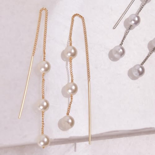 Threader Pearl Earrings for Women - Long Dangle with Simulated Pearls | Plated in Gold Tone or Silver Tone - color: Multi Simulated Pearl - Gold Tone