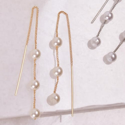 Threader Pearl Earrings for Women - Long Dangle with Simulated Pearls | Plated in Gold Tone or Silver Tone - color: Multi Simulated Pearl - Gold Tone
