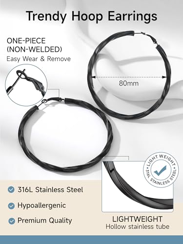 PROSTEEL Chunky Hoop Earrings for Women 14K Gold Plated/Black/Silver | 20/30/40/50/60/70/80mm Stainless Steel Thick Big Round Hoop with Waterproof and Non Tarnish Trendy Jewelry with Gift Box - color: 4. Black, size: 80MM