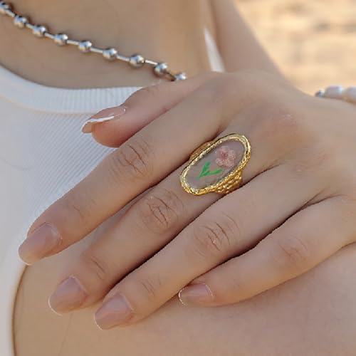 Hebelee Handmade Dried Flower Statement Ring for Women | Gold-Toned Stainless Steel,Adjustable,Pressed Blossom Forget-Me-Not Flowers Open Band Rings,Wedding Holiday Jewelry - color: Hammered Oval C
