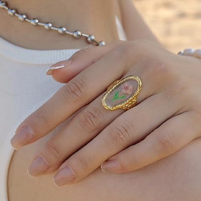 Hebelee Handmade Dried Flower Statement Ring for Women | Gold-Toned Stainless Steel,Adjustable,Pressed Blossom Forget-Me-Not Flowers Open Band Rings,Wedding Holiday Jewelry - color: Hammered Oval C