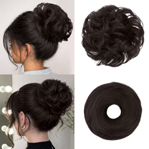 2PCS Messy Bun Hair Pieces Synthetic Hairpieces For Women Dark Brown | Messy Bun and Donut Bun in one set for natural-looking volume and elegant updos for every occasion. - color: Dark Brown