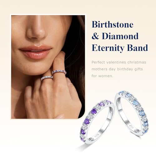 Bezel Set Birthstone Wedding Band 14K Gold Sterling Silver Stackable Half Eternity Band Rings 2.5mm Wide Ruby/Amethyst/Sapphire/Emerald Green/Aquamarine Ring for Women, Send Gift Box - style: 02-Created Amethyst & CZ