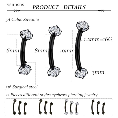 Rook Daith Piercing Jewelry 16G Stainless Surgical Steel Curved Barbell Eyebrow Rings Vertical Labret Lip Piercing Jewelry Rook Daith Earrings for Women Men 6MM 8MM 10MM Hypoallergenic - color: Black-6MM 8MM 10MM