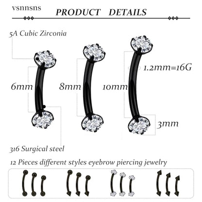 Rook Daith Piercing Jewelry 16G Stainless Surgical Steel Curved Barbell Eyebrow Rings Vertical Labret Lip Piercing Jewelry Rook Daith Earrings for Women Men 6MM 8MM 10MM Hypoallergenic - color: Black-6MM 8MM 10MM