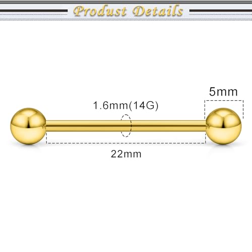 16G 14G Surgical Steel Tongue Rings Nipple Rings Industrial Piercing Jewelry Set Multi Size Straight Barbells 12mm 14mm 16mm 19mm 22mm 28mm 32mm 35mm 38mm 40mm 45mm for Women Men - color: goldtone, size: 14g,bar length 22mm