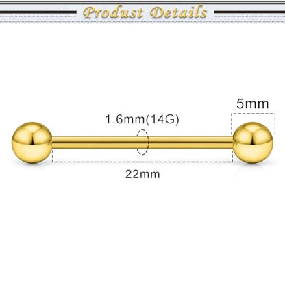 16G 14G Surgical Steel Tongue Rings Nipple Rings Industrial Piercing Jewelry Set Multi Size Straight Barbells 12mm 14mm 16mm 19mm 22mm 28mm 32mm 35mm 38mm 40mm 45mm for Women Men - color: goldtone, size: 14g,bar length 22mm