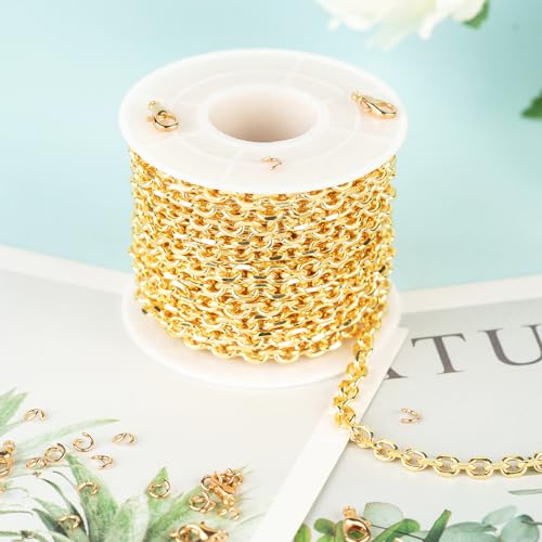 Jabogrii 16.4 Feet 18K Gold Brass Jewelry Chains Roll Oval Paperclip Chains | DIY Necklace Bracelet Chain with Lobster Clasps and Open Jump Rings for Jewelry Making - color: Cable Gold
