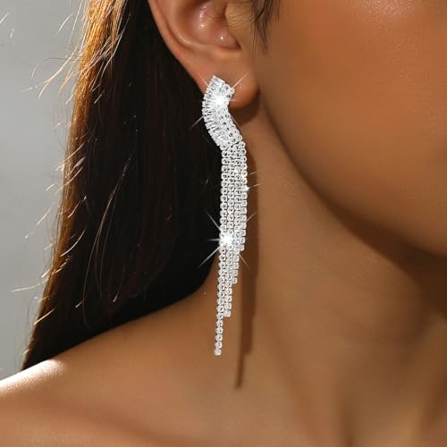 Gold Rhinestone Tassel Dangle Earrings for Women,Long Sparkly Crystal Statement Earring,Trendy Bridal Wedding Prom Jewelry Accessories - color: Silver