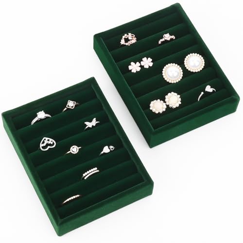 DesignSter Small Jewelry Tray-Ring Organizer 2PCS Premium Velvet Rings Earrings Display Tray Storage Insert Holder for Jewelry Box, Drawer, Dresser (8 Slots, Green) - color: Green, size: 8 Slots