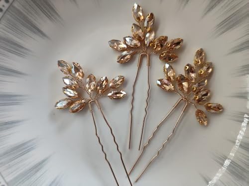 Elegant 3pcs Crystal Hairpins for Wedding Bridal Leaf Wedding Anniversary Hair Pins Bridesmaid Maid of Honor Hairpieces,Champagne - color: Champagne