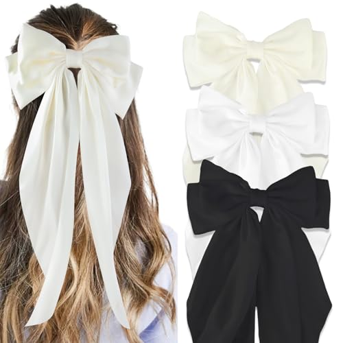 Canitor Hair Bows for Women Silky Satin Hair Ribbon Hair Barrettes Clip Oversized Long Tail Black White Hair Bows Cute Aesthetic Coquette Hair Accessories Preppy Teen Girl Gifts Trendy Stuff Things - color: 01-black,white,beige