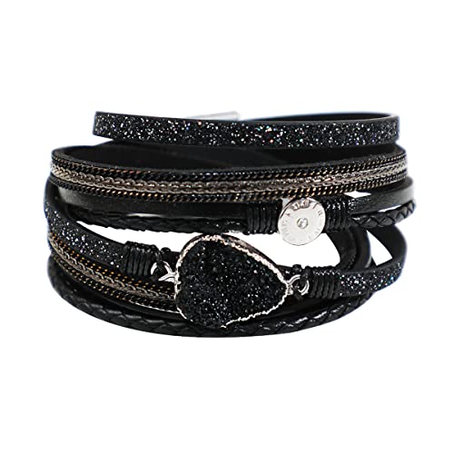 Artilady Leather Wrap Bracelet for Women, Pearl Beaded Bangle Stack Jewelry | Easy on-off, Elegant Handmade Multi-Layered, Daily Casual Date Beach Vacation, Gift for Ladies, Mother, Sister & Friend - style: Black with druzy