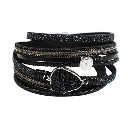 Artilady Leather Wrap Bracelet for Women, Pearl Beaded Bangle Stack Jewelry | Easy on-off, Elegant Handmade Multi-Layered, Daily Casual Date Beach Vacation, Gift for Ladies, Mother, Sister & Friend - style: Black with druzy