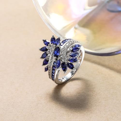 Statement Flower Ring Cocktail Leaf Ring Birthstone Anniversary Signet Ring | Hypoallergenic|14K Gold Plated|Sterling Silver Sparkling Engagement Promise Party Ring for Women, Size 6 to 10(With Box) - color: Leaf - Sapphire