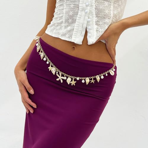 Seashell Starfish Waist Chain for Women Boho Conch Body Chains Gold Belly Chain Summer Beach Pearl Body Jewelry - style: 1-Layer
