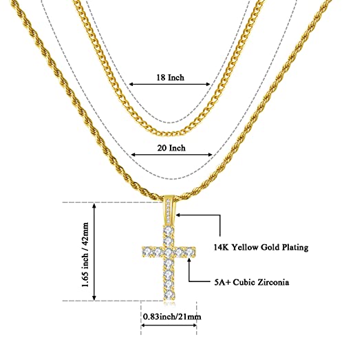 GEMOSA Cross Necklace for Men, Cuban Link Layered Rope Chain Silver/Gold/Black - color: Yellow Gold, size: 18/20 inch