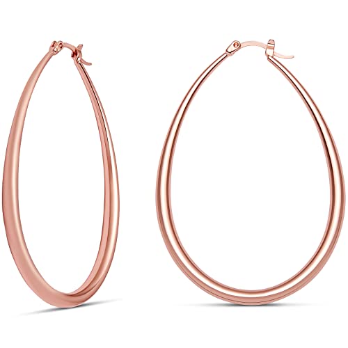 Milla Oval Hoop Earrings for Women | Elegant Polished 14K Gold, Rose Gold or Silver Plated Hoops with Secure Latch Closure, Hypoallergenic & Lightweight - color: Rose Gold Plated / 2.2 in - MEDIUM