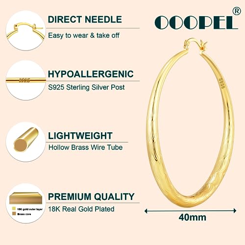 OOOPEL 925 Sterling Silver Hoop for Women Gold Hoop Earrings Hypoallergenic Diamond-Cut Ripples Designed - Non Tarnish Large Hoop Earrings(30/40/50/60/70mm) - color: Gold-40mm