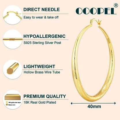 OOOPEL 925 Sterling Silver Hoop for Women Gold Hoop Earrings Hypoallergenic Diamond-Cut Ripples Designed - Non Tarnish Large Hoop Earrings(30/40/50/60/70mm) - color: Gold-40mm