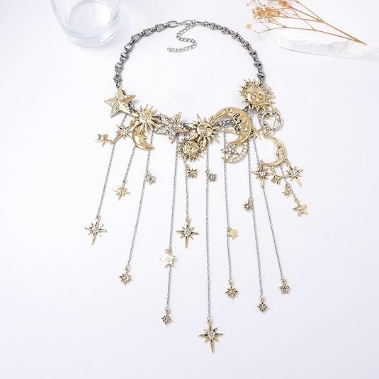 Retro Exaggerated Sun Moon Star Multi Pendant Tassel Necklace - Moon Pentagram Sun Full Diamond Necklace - Women Bohemian Style