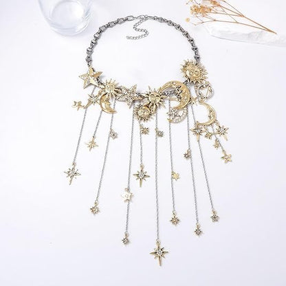Retro Exaggerated Sun Moon Star Multi Pendant Tassel Necklace - Moon Pentagram Sun Full Diamond Necklace - Women Bohemian Style