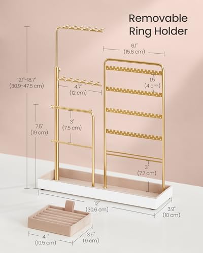 SONGMICS Jewelry Holder, Metal Frame, Velvet Tray, Pale Gold | Jewelry Storage Organizer Stand with Metal Frame, 12.1 to 18.7 Inches Tall Height Adjustable Necklace Holder for Rings - color: Pale Gold