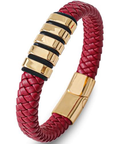Stainless Steel Mens Bracelets - Black Leather Punk Cuff Jewelry - color: Red plated