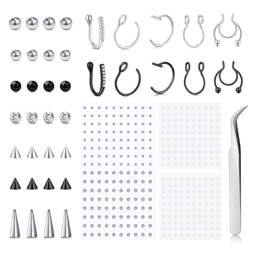 QWALIT Fake Nose Ring Fake Lip Piercing Fake Lip Ring Fake Nose Ring Hoop Fake Snake Bites Fake Lip Piercings Faux Lip Rings Fake Nose Piercing Clip on Nose Ring Spring - color: A1-stick on stud+hoops-silver/black