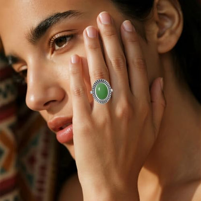 Retro Sterling Silver Stone Ring,Antique Natural Real Oval Crystal Quartz Gemstone Boho Bohemian Ring Jewelry for Women - color: A21_Dongling Jade