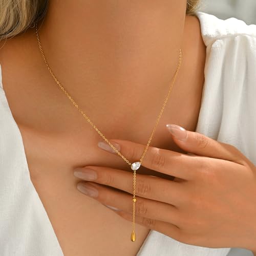 Dainty 18K Gold Plated Lariat Necklace for Women Delicate Y Chain Rose Pearl Diamond Long Drop Necklace Layering Bridal Jewelry Gift - color: CZ Waterdrop-Gold