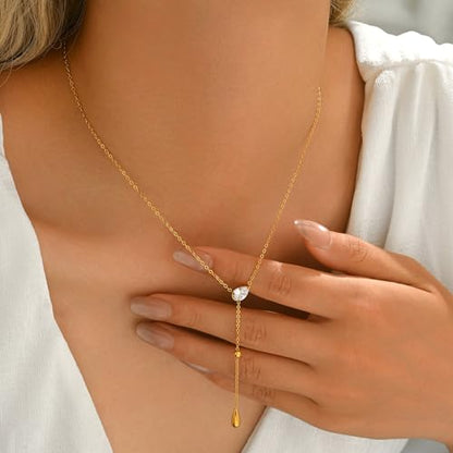 Dainty 18K Gold Plated Lariat Necklace for Women Delicate Y Chain Rose Pearl Diamond Long Drop Necklace Layering Bridal Jewelry Gift - color: CZ Waterdrop-Gold