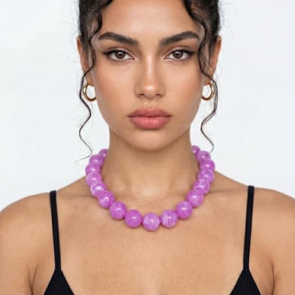 Chunky Necklaces for Women Trendy 20MM Large Resin Beaded Necklace Bold Statement Chunky Choker Necklace Boho Beads Summer Beach Jewelry - color: Purple