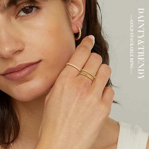 RLMOON Gold Ring Set for Women Dainty Silver Rose Gold Stackable Rings | 14K Gold Plated Simple Heart CZ Pinky Stacking Thumb Rings Plain Band Size 4-12(8-12PCS) - color: 10PCS Gold Rings