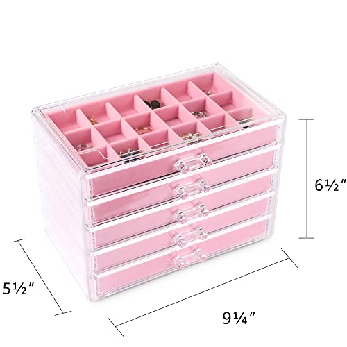 Acrylic Jewelry Organizer Earring Organizer Box with 5 Drawers Earring Holder Organizer with Velvet Trays Clear Jewelry Box for Women Earring Display for Rings StudsPink | 61 Jewelry Storage Grid for Rings Studs Bracelet,Velvet Lining,Transparent Appearan