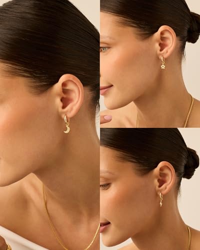 PAVOI 14K Gold Plated Mix & Match Charms Dainty Huggie Earrings for Women | Hypoallergenic Earrings with 925 Sterling Silver Posts, Huggie Hoop Earrings with Motif Dangle Charms Pack - style: Moon