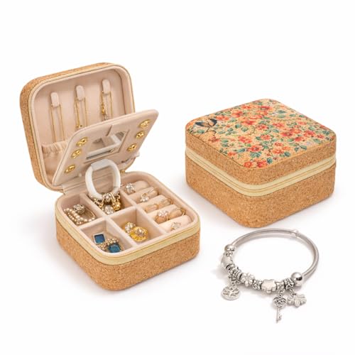 Vibrant Mandala Cork Jewelry Case – Small Square Zip Organizer for Women – Stylish Gift for Travel and Vanity (Floral) - style: Floral Fantasy