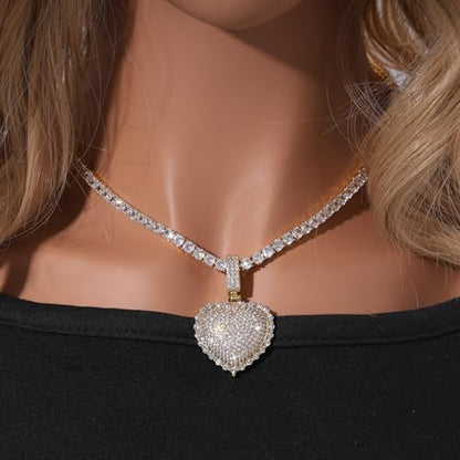 Lulu Mel Silver Heart Necklace 14K Gold Plated Heart Pendant Cubic Zirconia Necklace for Women Men, Iced Out Love Necklace Jewelry Gift Valentine's Day/Mother's Day/Christmas/Anniversary/Birthday Gift - color: Gold, style: 3D Heart