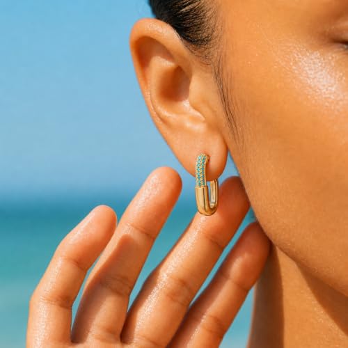 VALLOEY ROVER Chunky Gold Hoop Earrings for Women Hypoallergenic | 14k Gold Plated Small Thick Square Turquoise Cubic Zirconia Huggie Hoop Earrings for Women Fashion Trendy Jewelry Gift - color: Tur Hoop