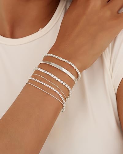 Gold Bracelets for Women 14K Gold Plated Stack Trend Bracelets Charm Paperclip Chain Cuban Link Layered Waterproof Bracelet Dainty Bracelet for Women Jewelry Gifts - color: 6Psc Silver