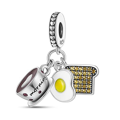 Pandach 925 Sterling Silver Charms for Bracelets and Necklaces Travel Round The World Beads Charms Relaxation Dangle Pendant,Jewelry Beads Gifts for Women - style: Coffee Poached Egg Toast Charm