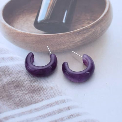 Vintage Acrylic Hoop Earrings - Purple Resin C Shape Studs - Chunky Open Hoop Earrings - Women's Jewelry
