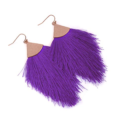 Bohemian Silky Thread Fan Fringe Tassel Statement Earrings - Lightweight Strand Feather Shape Dangles - color: Feather Fringe - Purple