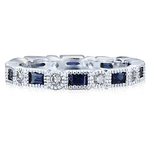 BERRICLE Sterling Silver Art Deco Rings Stackable Eternity Band Ring for Women, Sapphire-Blue Milgrain Bezel Set Cubic Zirconia CZ