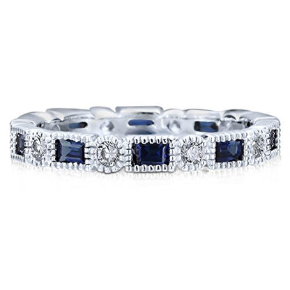 BERRICLE Sterling Silver Art Deco Rings Stackable Eternity Band Ring for Women, Sapphire-Blue Milgrain Bezel Set Cubic Zirconia CZ