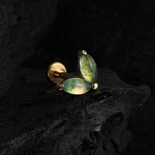 1PC ASTM F136 Titanium Piercing Jewelry for Tragus Conch Helix Flat Labret 18G 6mm 8mm, Cartilage Earring Flatback Stud - color: Moss Agate Grass - Gold