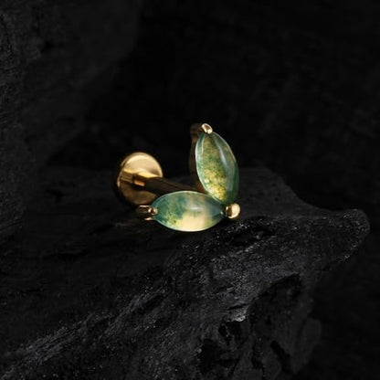 1PC ASTM F136 Titanium Piercing Jewelry for Tragus Conch Helix Flat Labret 18G 6mm 8mm, Cartilage Earring Flatback Stud - color: Moss Agate Grass - Gold