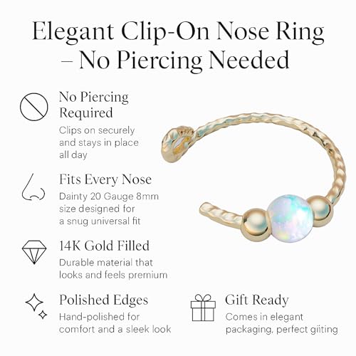 Jolliz Gold Fake Nose Ring with White Opal- Thin Tiny 20 Gauge 8mm Faux Nose Hoop - 14k Gold Filled Clip On Piercing Jewelry For Women - Handmade Fake Nose Rings - No Piercing Needed